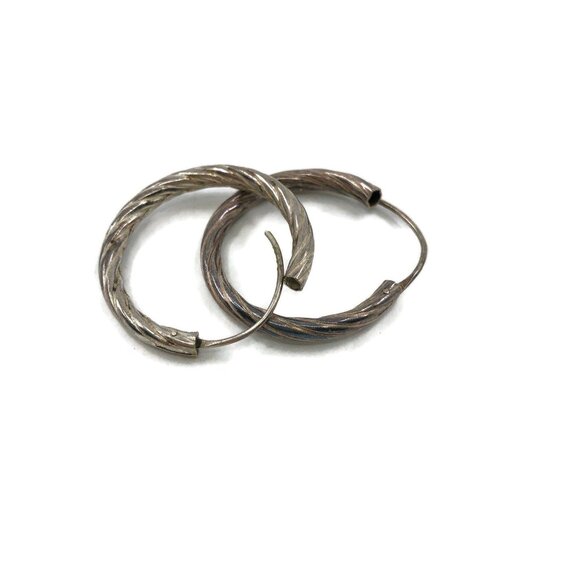 Sterling Silver Twisted Rope Hoop Earrings 1 1/8", Pierced Circle Earrings 1980s - Picture 2 of 8